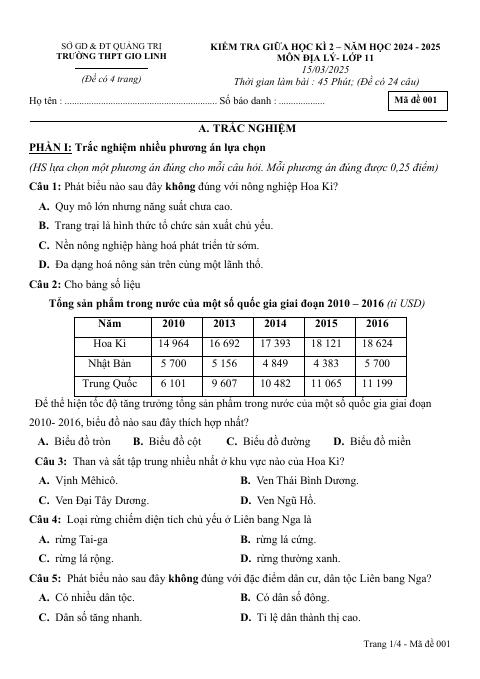 Đề thi Giữa kì 2 Địa lí 11 năm 2024-2025 trường THPT Gio Linh (Quảng Trị)